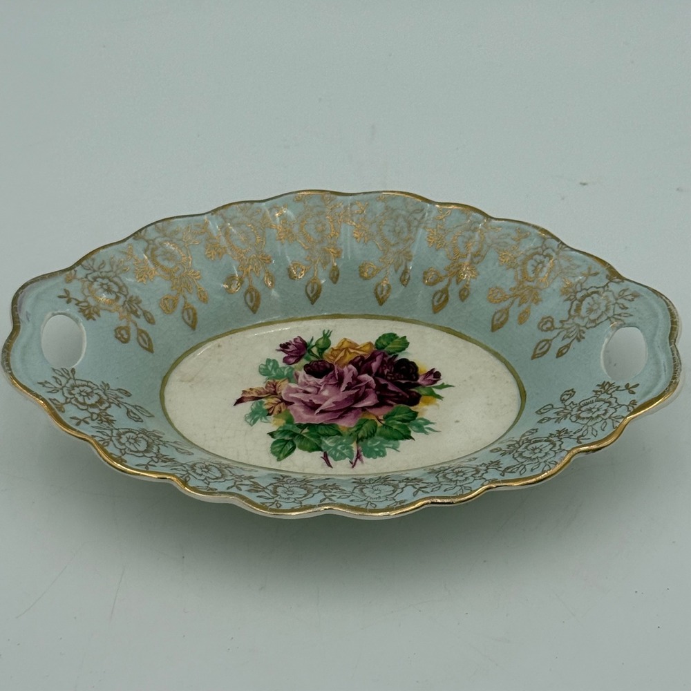 Old Foley James Kent Staffordshire Blue Floral Gold Filigree Scalloped Dish 5350